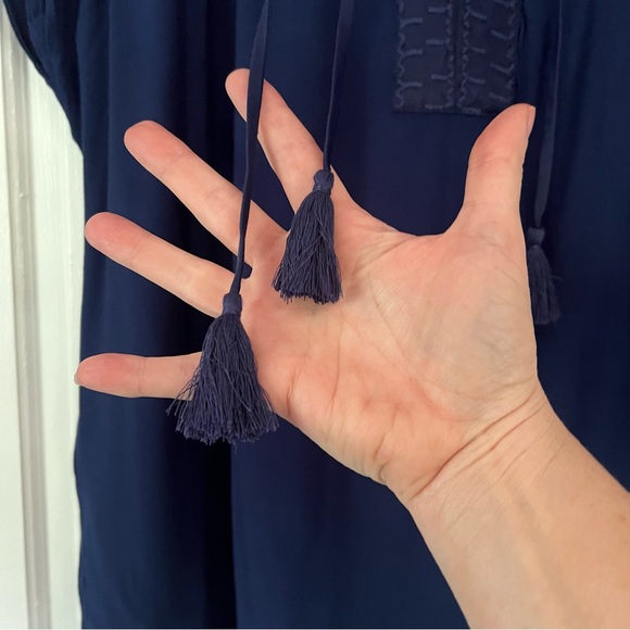 JOHNNY WAS CALMÉ Blue Short Sleeve Peasant Top with Tassels Size Small - Picture 8 of 10